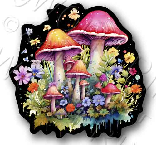 Fantasy Mushrooms 4.5" Tall Sticker Happy Bright Watercolor Flowers Decal