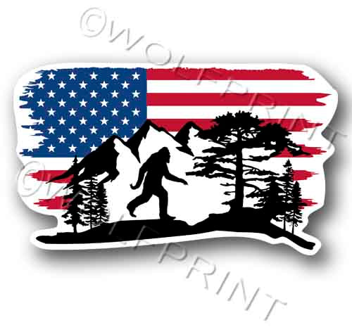 Bigfoot Sasquatch Mountain Flag Decal Sticker 5" Wide