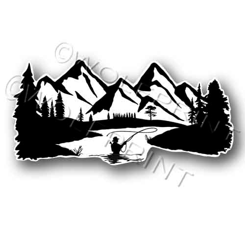 Fly Fisherman Mountain Fly Fishing 5" Wide Sticker Waterproof Vinyl Decal