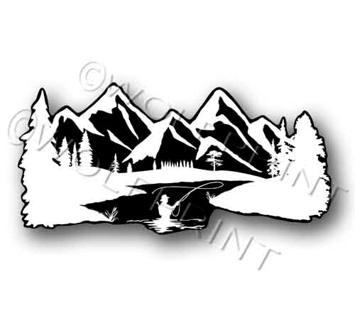 Fly Fisherman Mountain Fly Fishing 5" Wide Sticker Waterproof Vinyl Decal White