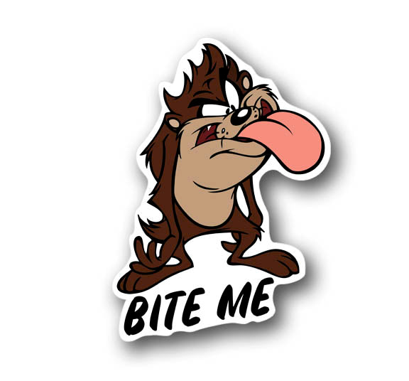 TAZ BITE ME Tasmanian Devil Cartoon Decal - Funny Window 4.5" Tall Sticker