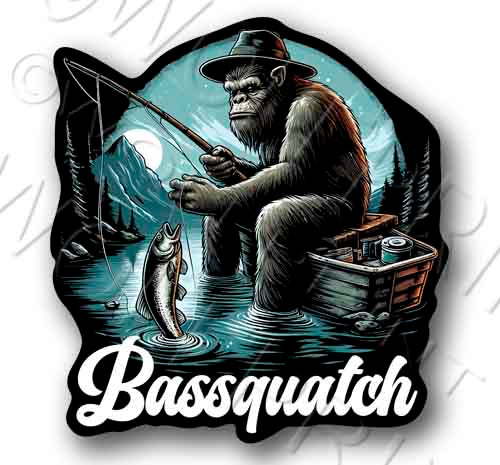 Bassquatch Fishing 4.5" Tall Sticker Funny Sasquatch Bigfoot Fish Decal