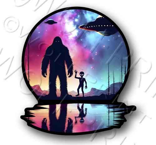 Bigfoot Alien UFO 4.75" Tall Sticker Sasquatch Funny Decal