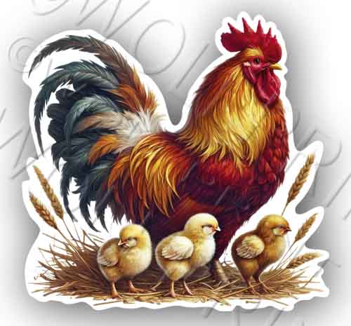 Chicken & Peeps 4.25" Tall Sticker Rooster Hen Birds Decal