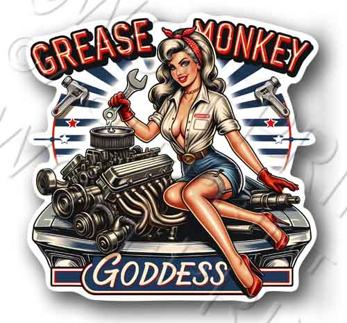 Grease Monkey Goddess 4.5" Wide Sticker Pin-up Girl Mechanic Decal