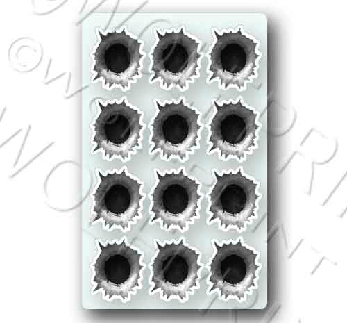 Bullet Holes 12 individual stickers 1" Tall Waterproof Vinyl Funny Decal